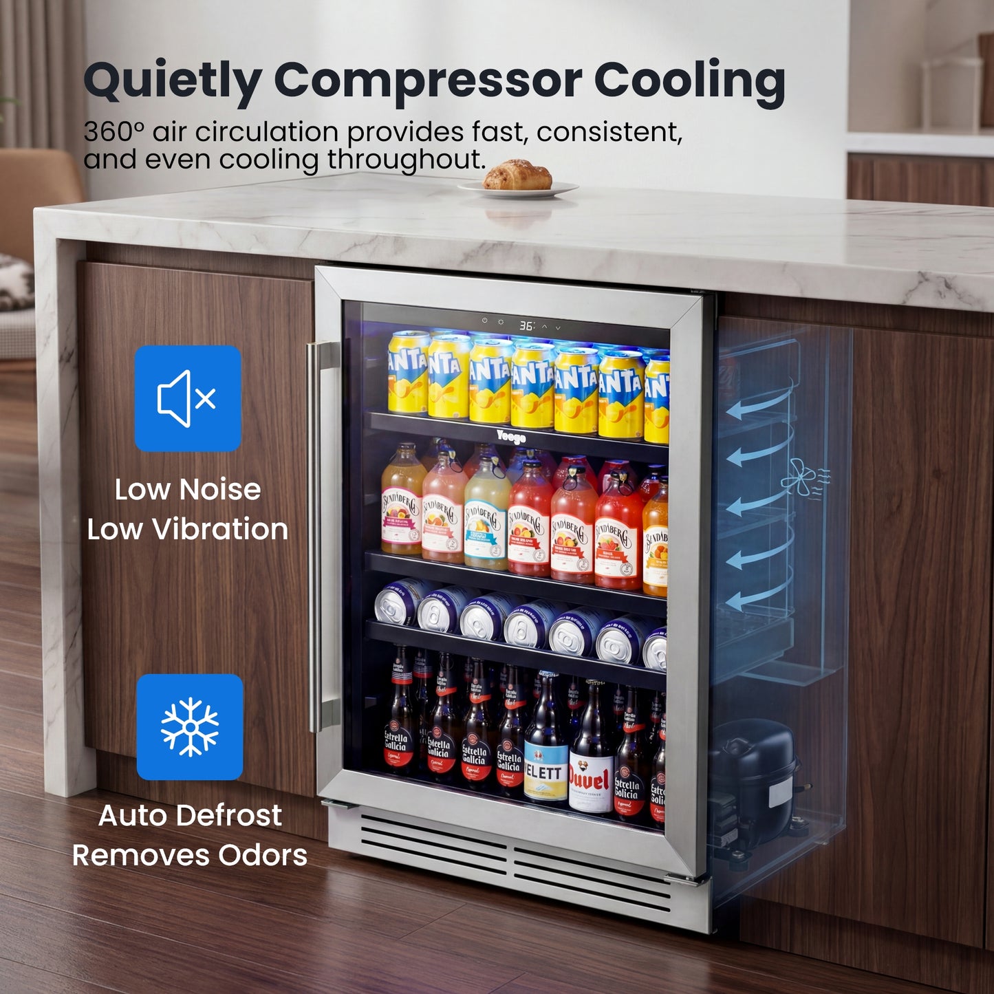Yeego Beverage Refrigerator & Drink Fridge - 24 inch 180 Cans Beer Cooler Glass Door, 34-54℉ Under Counter Refrigerator Built-in for Drink Soda Wine for Bar Office Bedroom