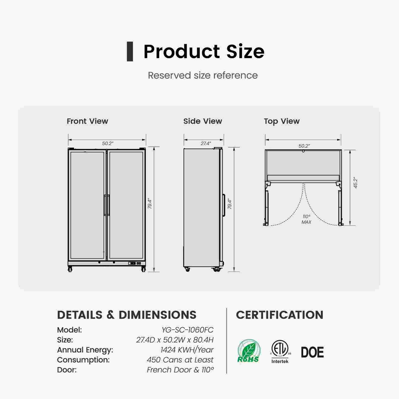 Yeego 50'' 2 Swing Glass Doors Merchandiser Refrigerator, Commercial Display Cooler for Beverages