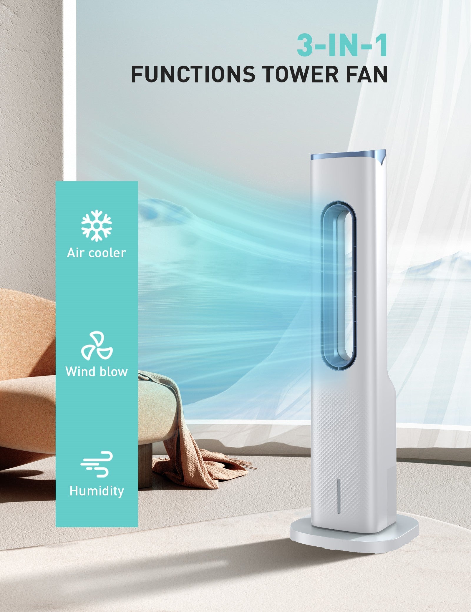 Cool Air Bladeless Tower Fan, 3 in 1 Evaporative Air Cooler For Powerful Air Circulation and Quiet Operation