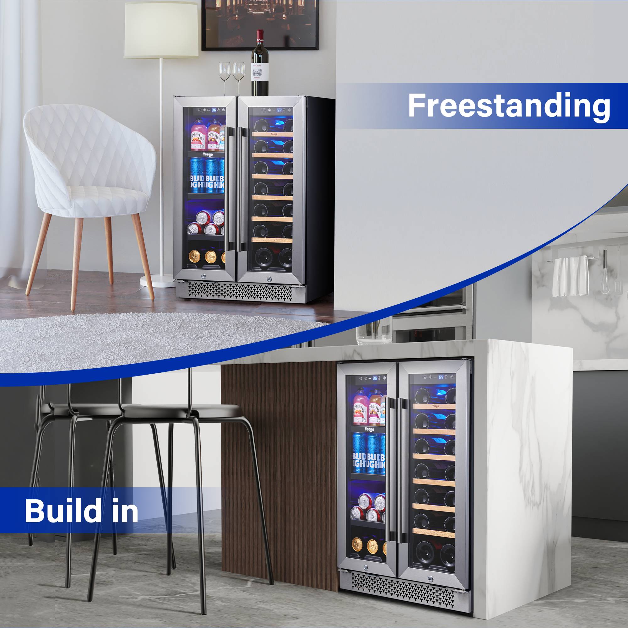 24 Inch Wide  Dual Zone Wine and Beverage Fridge, Under Counter or Freestanding