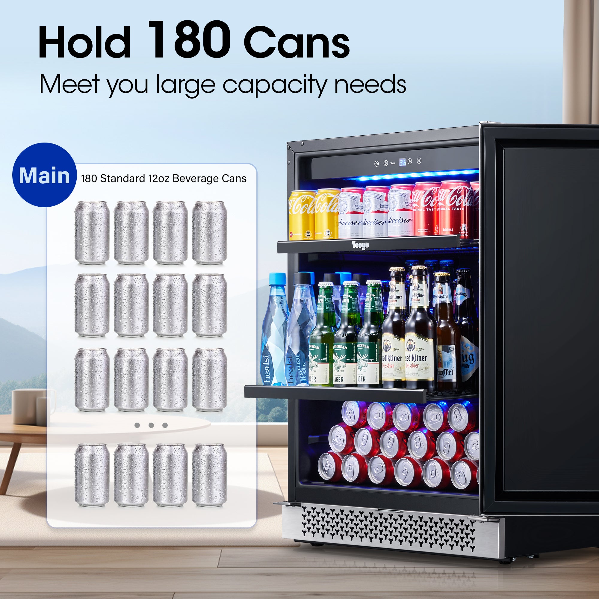 24 Inch Wide Beverage Fridge, 180 Cans Drink Cooler Under Counter or Freestanding