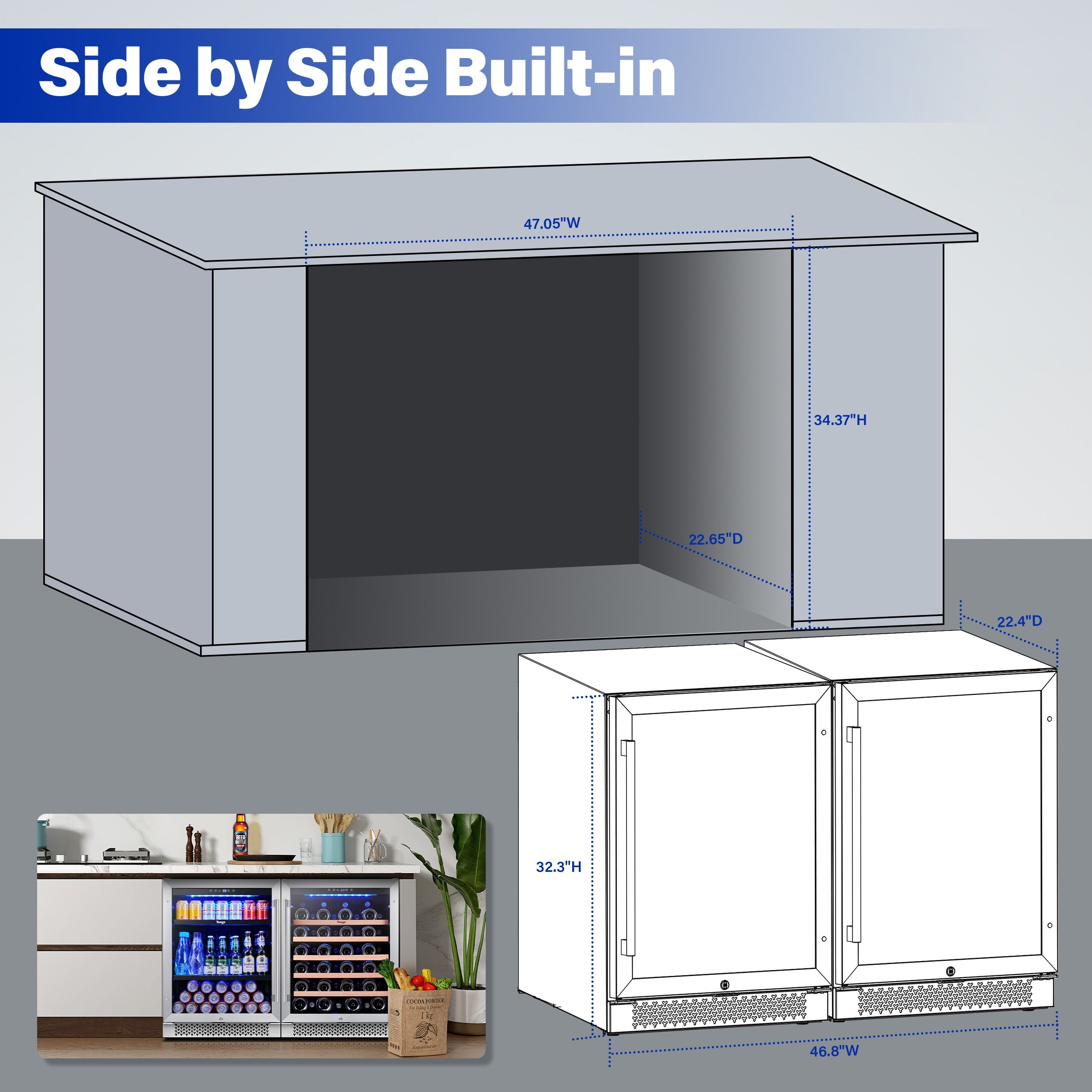 48 Inch Wide Wine Beverage Fridge, Under Counter Dual Zone Wine Beverage Center With Quiet Compressor