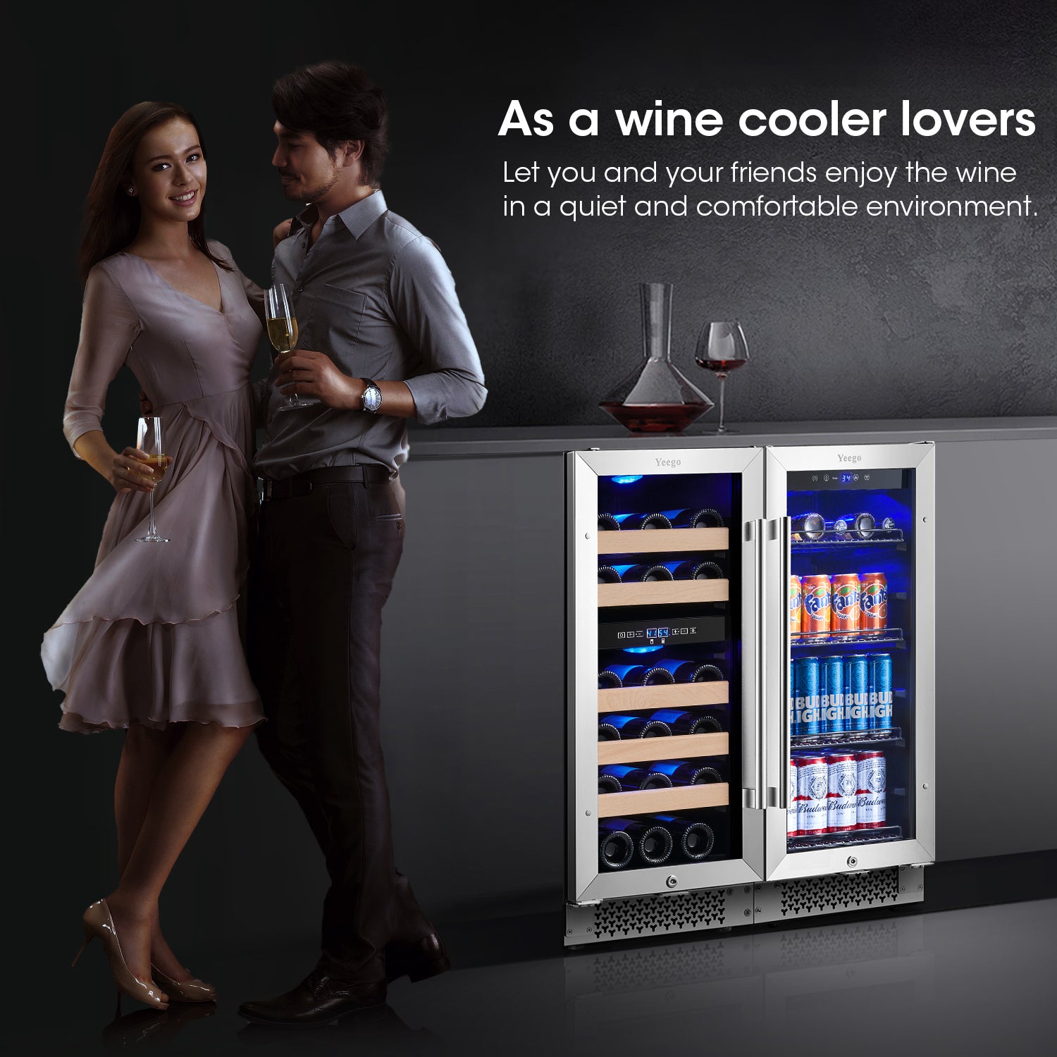 30 Inch Wide Wine and Beverage Fridge, Separate Temp Zones Cooler Combo, Under Counter Or Freestanding