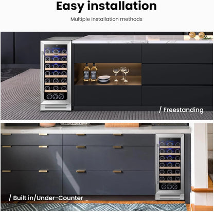 Yeego 33 Bottle Wine Refrigerators, 15" Wine Cooler with Glass Door for Home/Dorm Freestanding & Built-in Wine Fridge