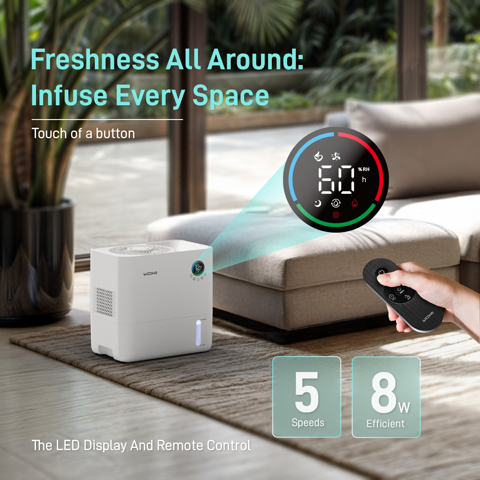 Wooohoo Mist Free Smart Humidifier, 1.32 Gal/5L Quiet Humidifier for Medium Room