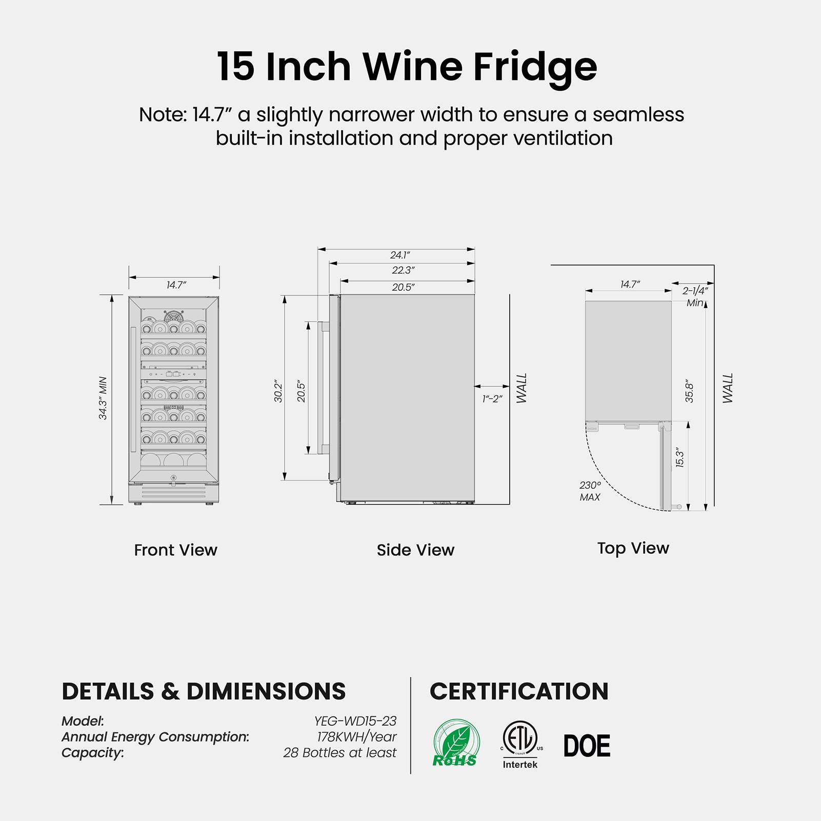 15 Inch Wide 28 Bottles Dual Zone Narrow Small Wine Fridge, Under Counter, Built-In or Freestanding