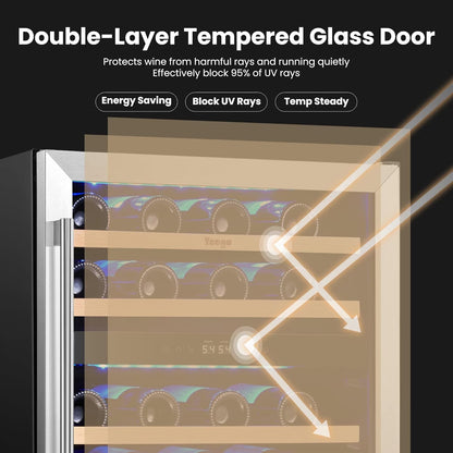 Yeego 24 Inch Dual Zone Wine Fridge Cooler, Holds 52 Bottles, 40-65°F Wine Refrigerator with Glass Door, Built-in and Freestanding Under Counter