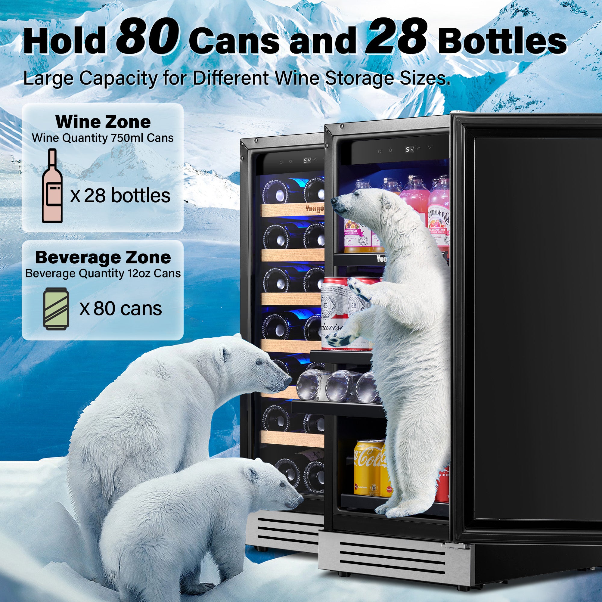 30 Inch Wide Wine Beverage Cooler, Under Counter Dual Zone Fridge Combo With Quiet Compressor