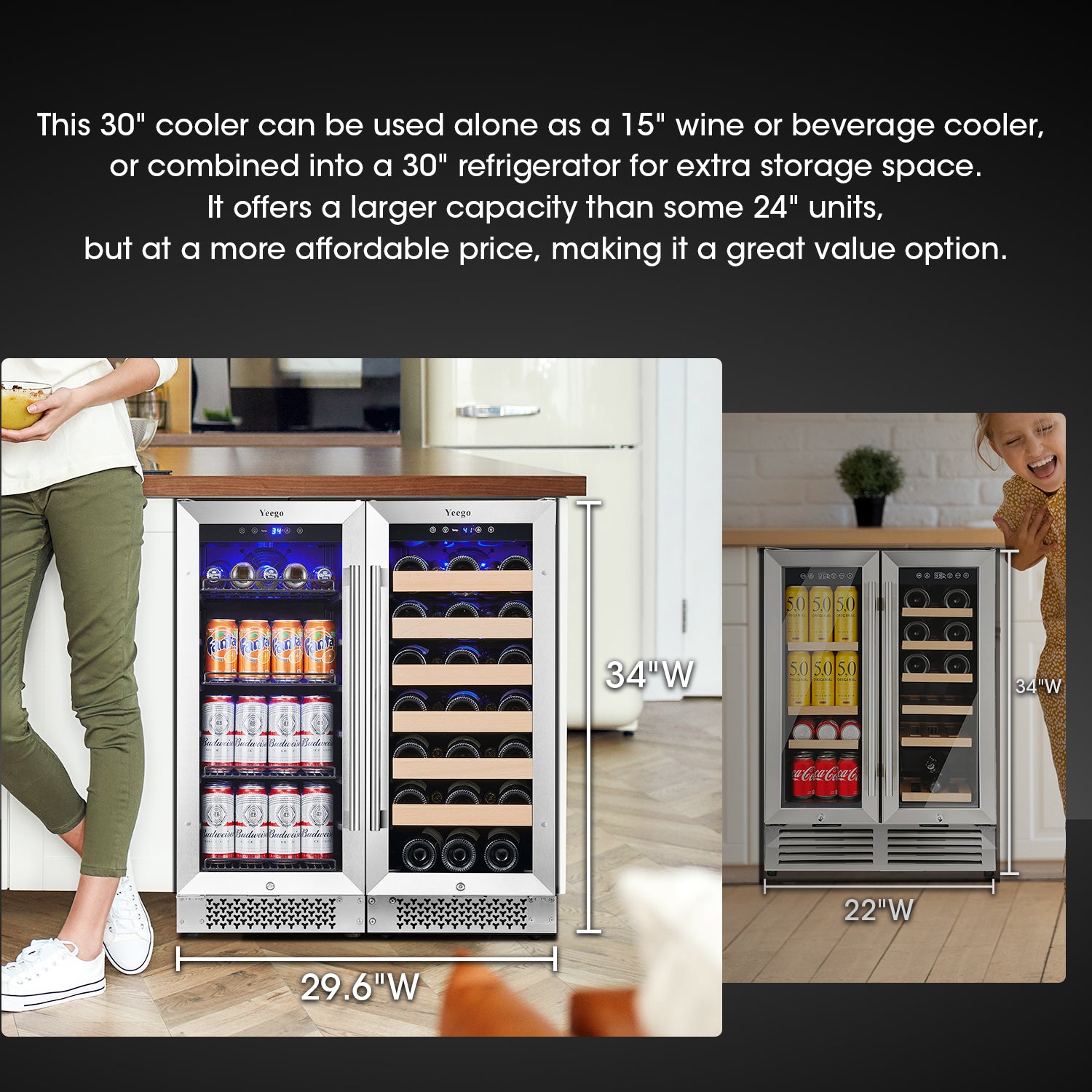 30 Inch Wide Wine Beverage Center, Large Capacity Dual Zone Fridge Combo, Under Counter Or Freestanding