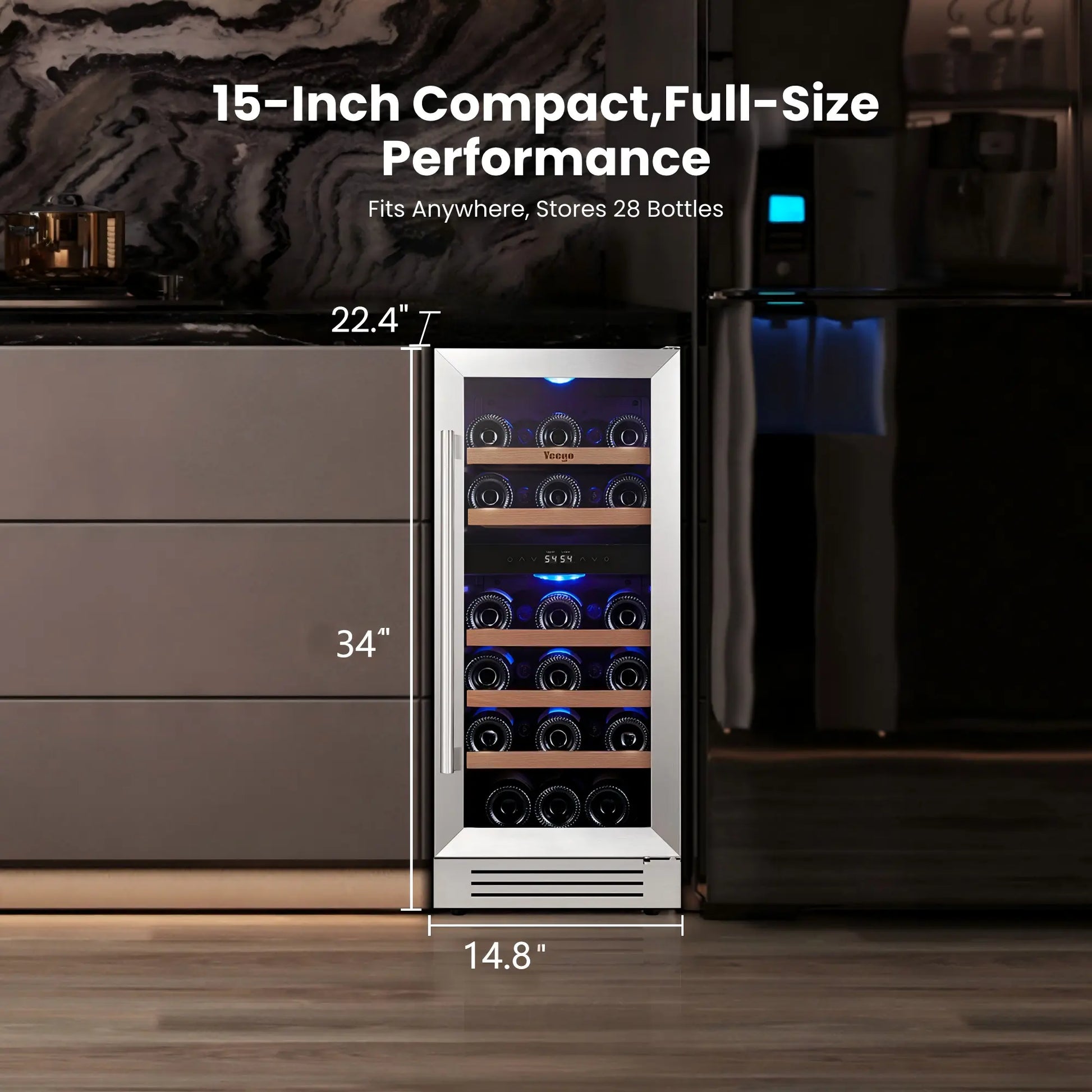 15 Inch Wide 28 Bottles Dual Zone Narrow Small Wine Fridge, Under Counter, Built-In or Freestanding - Yeego Life