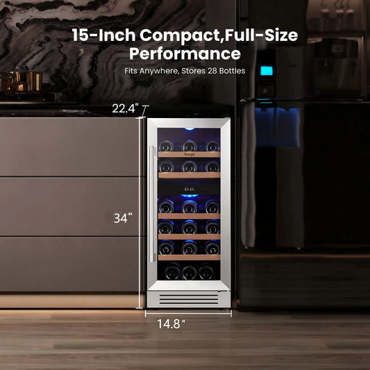 15 Inch Wide 28 Bottles Dual Zone Narrow Small Wine Fridge, Under Counter, Built-In or Freestanding - Yeego Life