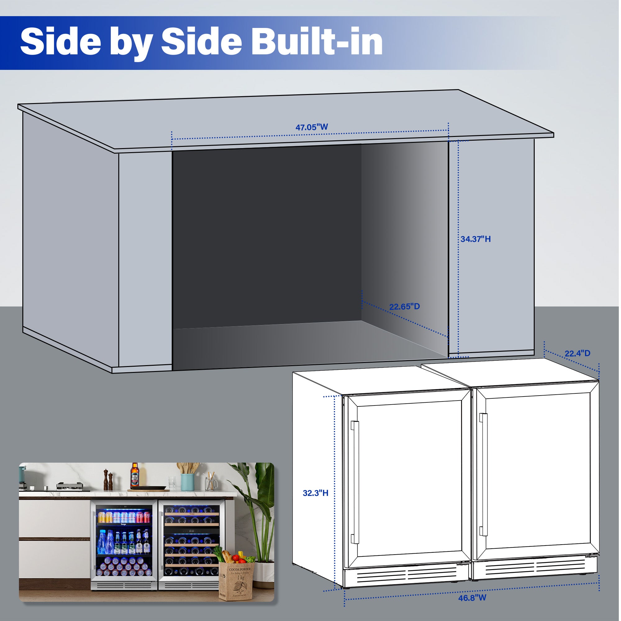 48 Inch Wide Wine Beverage Center, Quiet Compressor Fridge Combo Under Counter or Freestanding