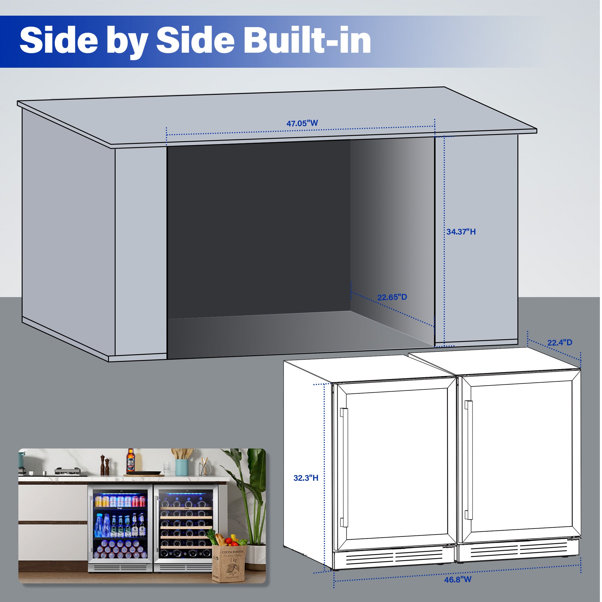 48 Inch Wide Wine Beverage Fridge, Under Counter Dual Zone Wine Beverage Center With Quiet Compressor