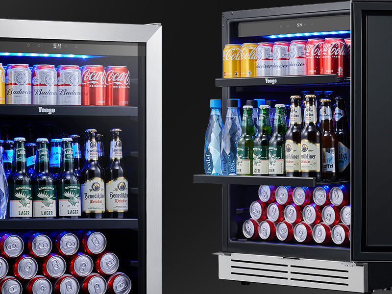 Adjustable wire shelves inside the Yeego BS24 holding various cans and bottles