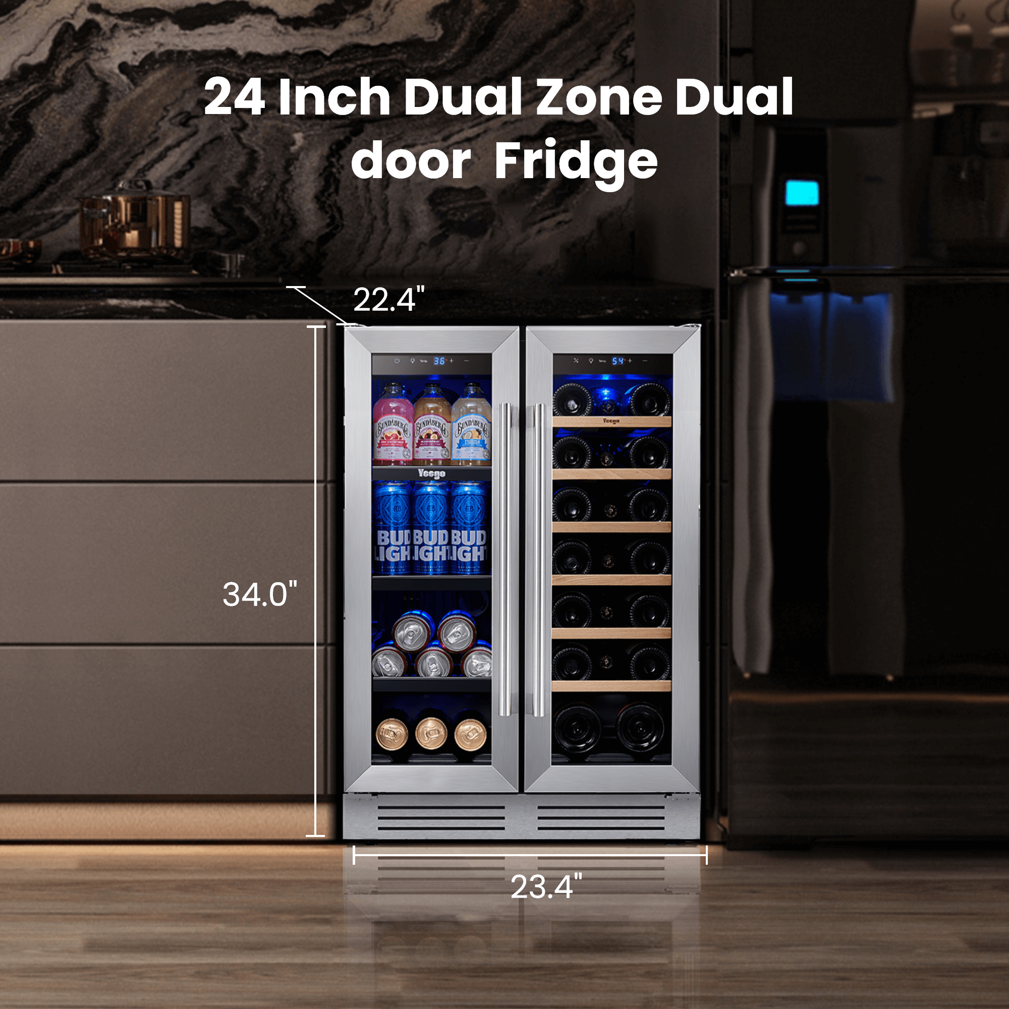 24 Inch Wide Wine and Beverage Dual Zone Fridge, Under Counter, Built-In or Freestanding