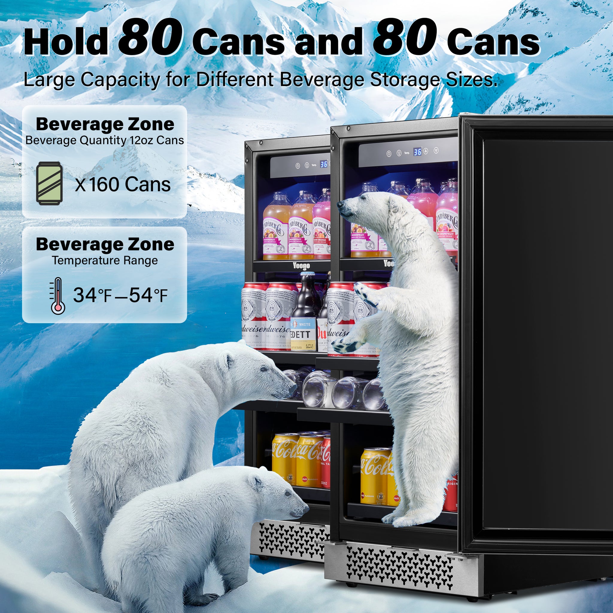 30 Inch Wide Dual Zone Beverage Cooler Combo, 160 Cans Capacity Drink Fridge, Under Counter or Freestanding