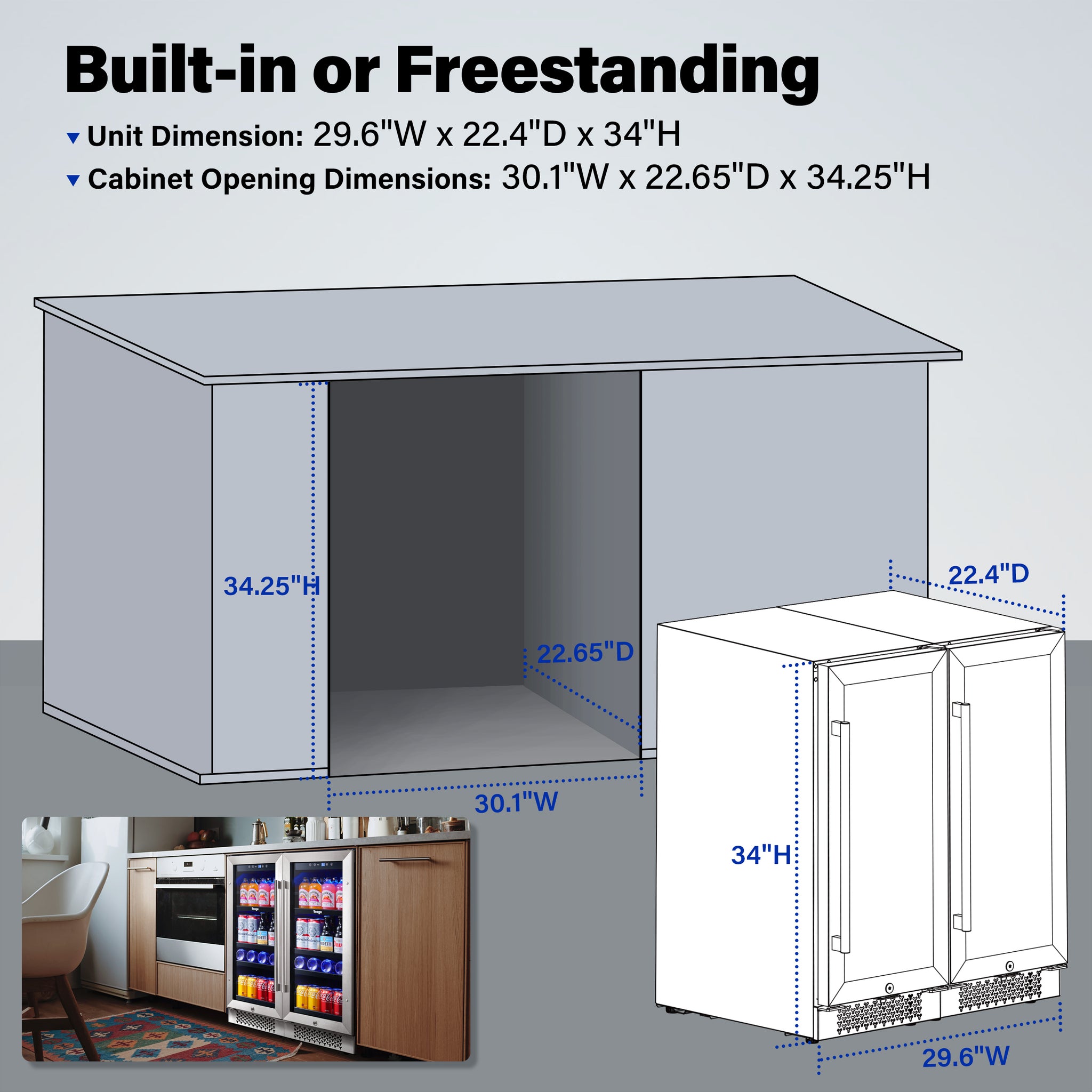 30 Inch Wide Dual Zone Beverage Cooler Combo, 160 Cans Capacity Drink Fridge, Under Counter or Freestanding