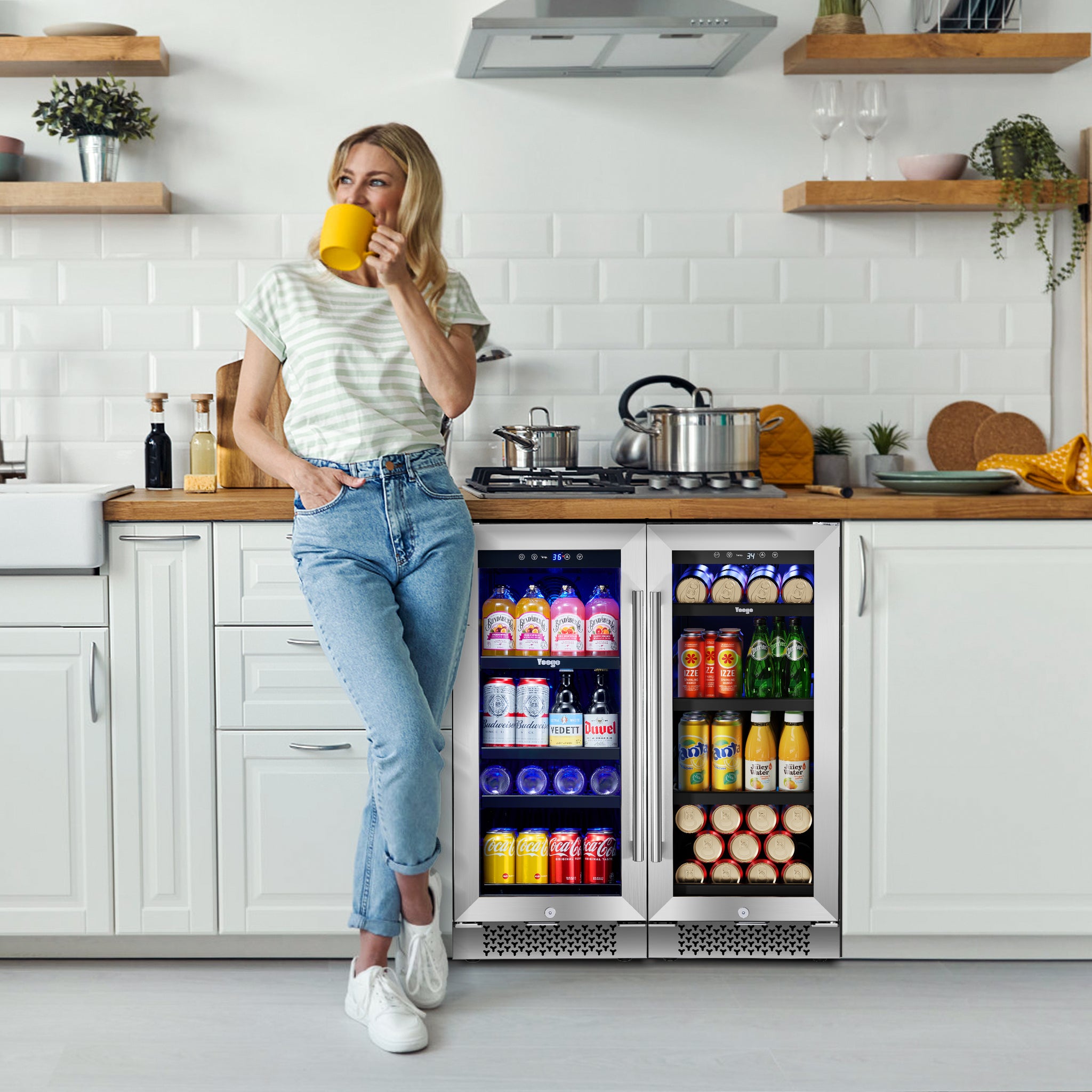 30 Inch Wide Dual Zone Beverage Cooler Combo, 160 Cans Capacity Drink Fridge, Under Counter or Freestanding