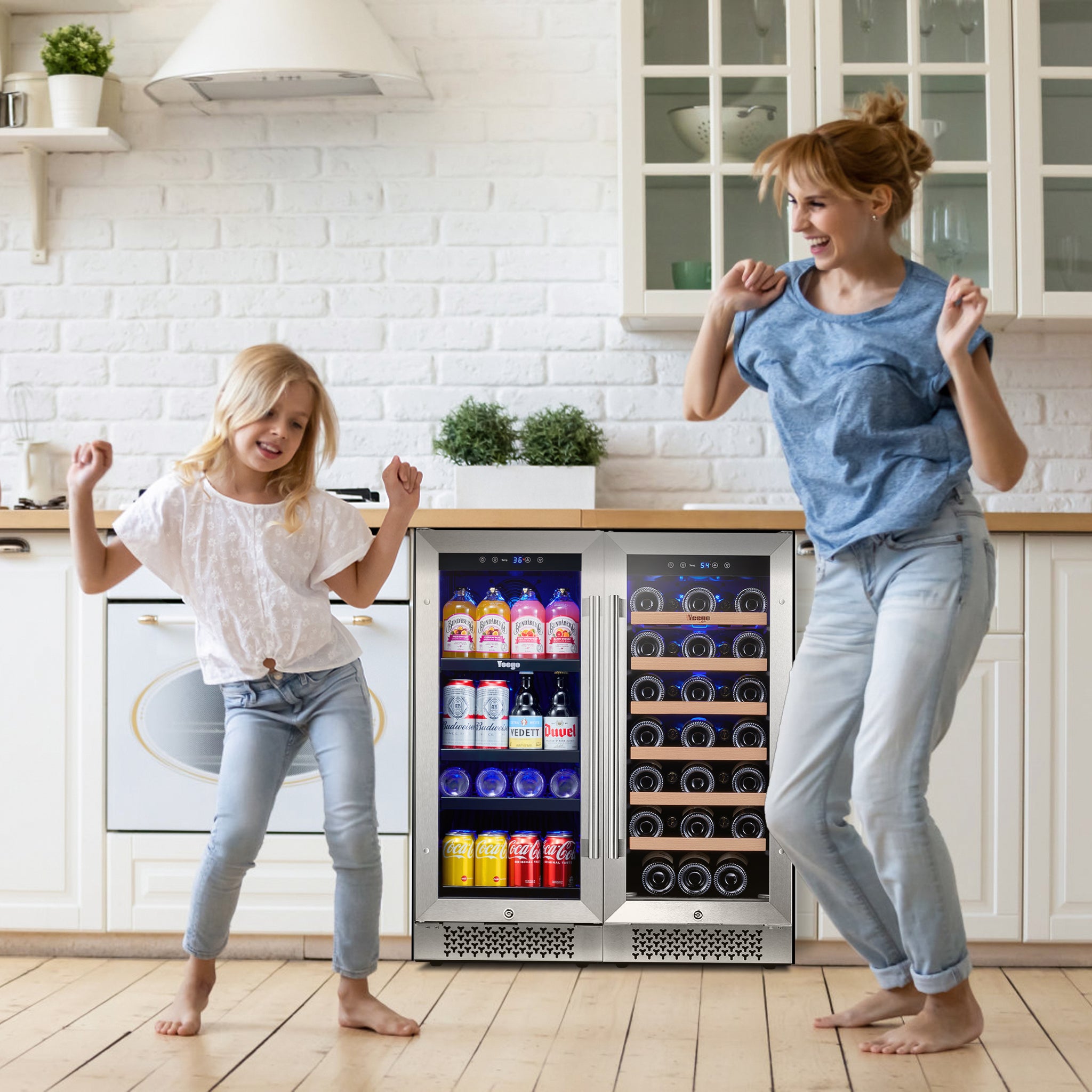 30 Inch Wide Wine Beverage Cooler, Under Counter Dual Zone Fridge Combo With Quiet Compressor