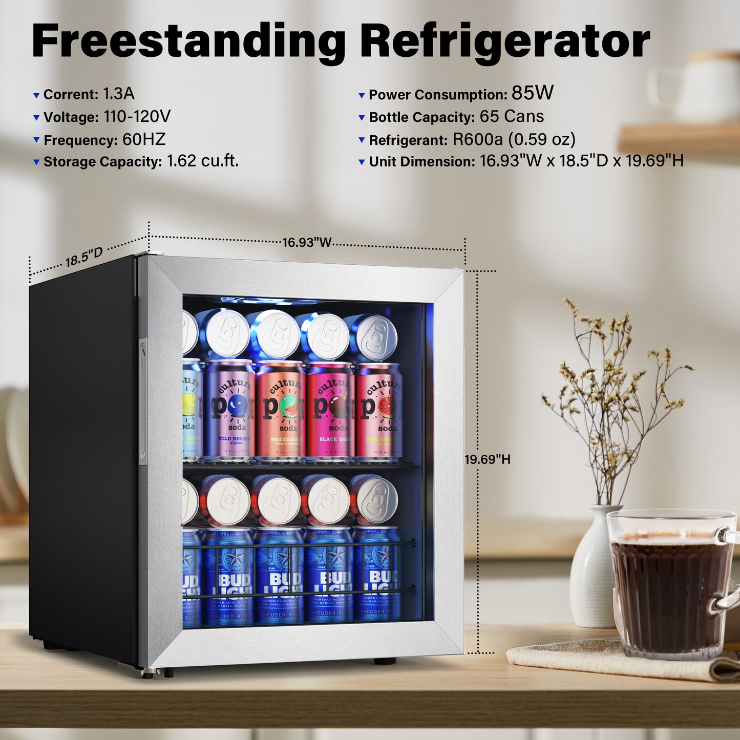 65 Cans Mini Beverage Drink Fridge, Counter Top or Freestanding - Yeego Life