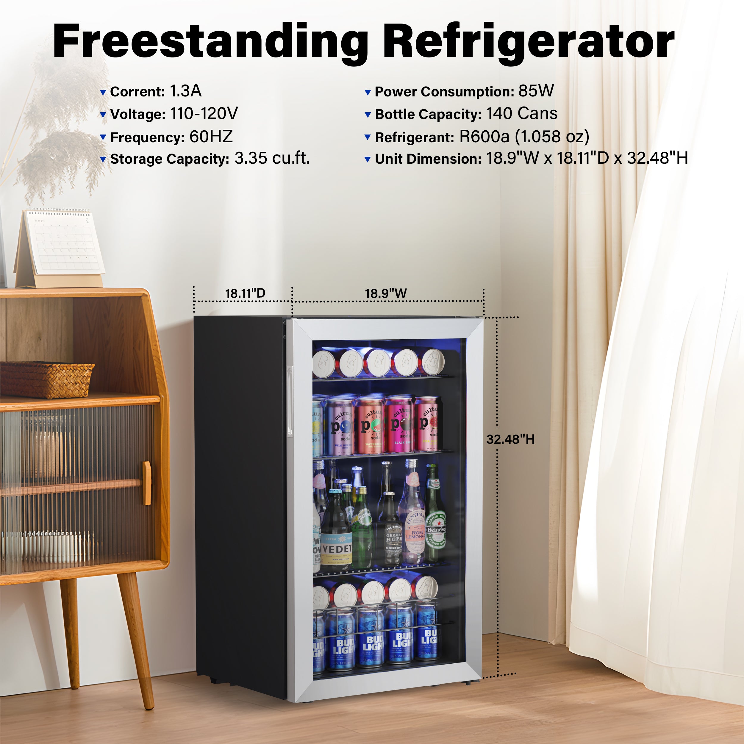 Yeego 19 Inch Wide 140 Cans Narrow Small Beverage Fridge, Shallow Depth Drink Cooler Under Counter, Built-In Or Freestanding