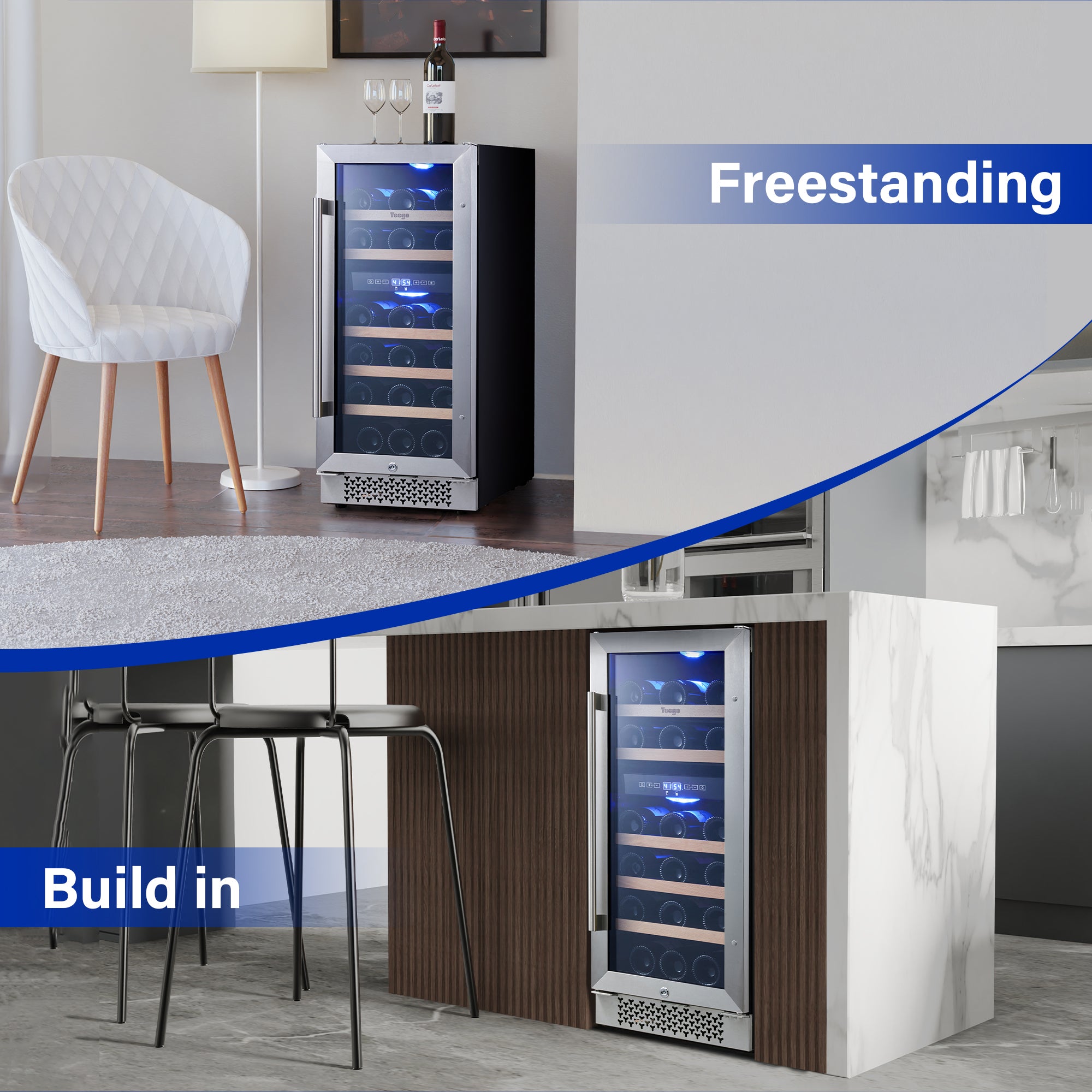 15 Inch Wide 28 Bottles Dual Zone Narrow Small Wine Fridge, Under Counter, Built-In or Freestanding