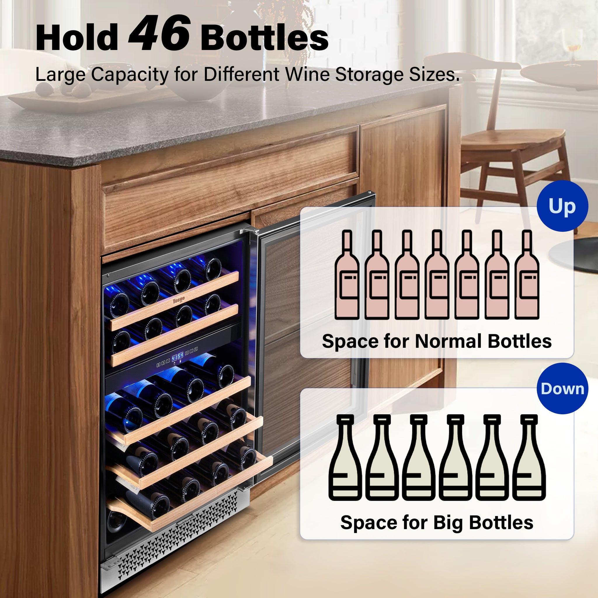 24 Inch Wide 46 Bottles Dual Zone Wine Fridge, Built-In or Freestanding