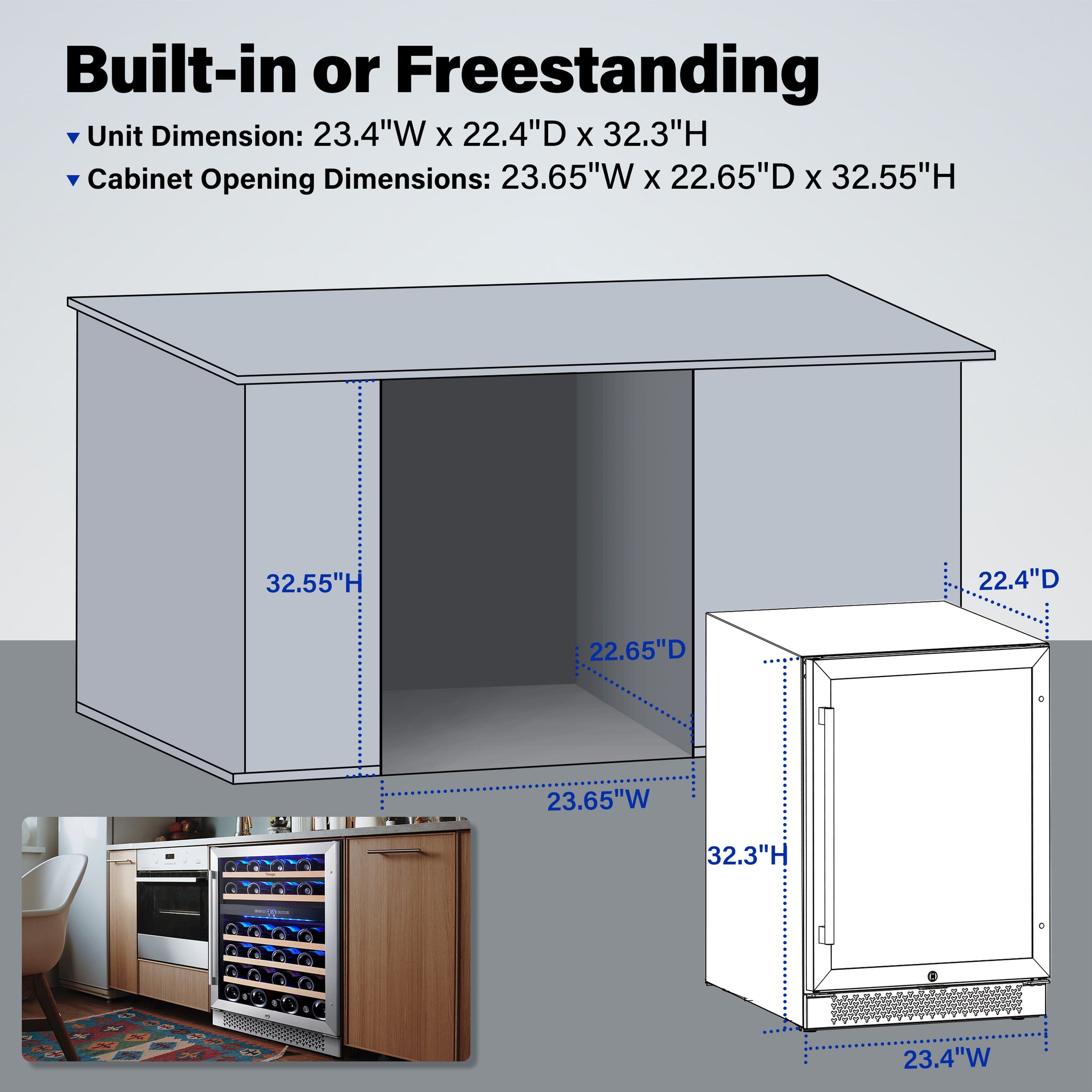 24 Inch Wide 46 Bottles Dual Zone Wine Fridge, Built-In or Freestanding