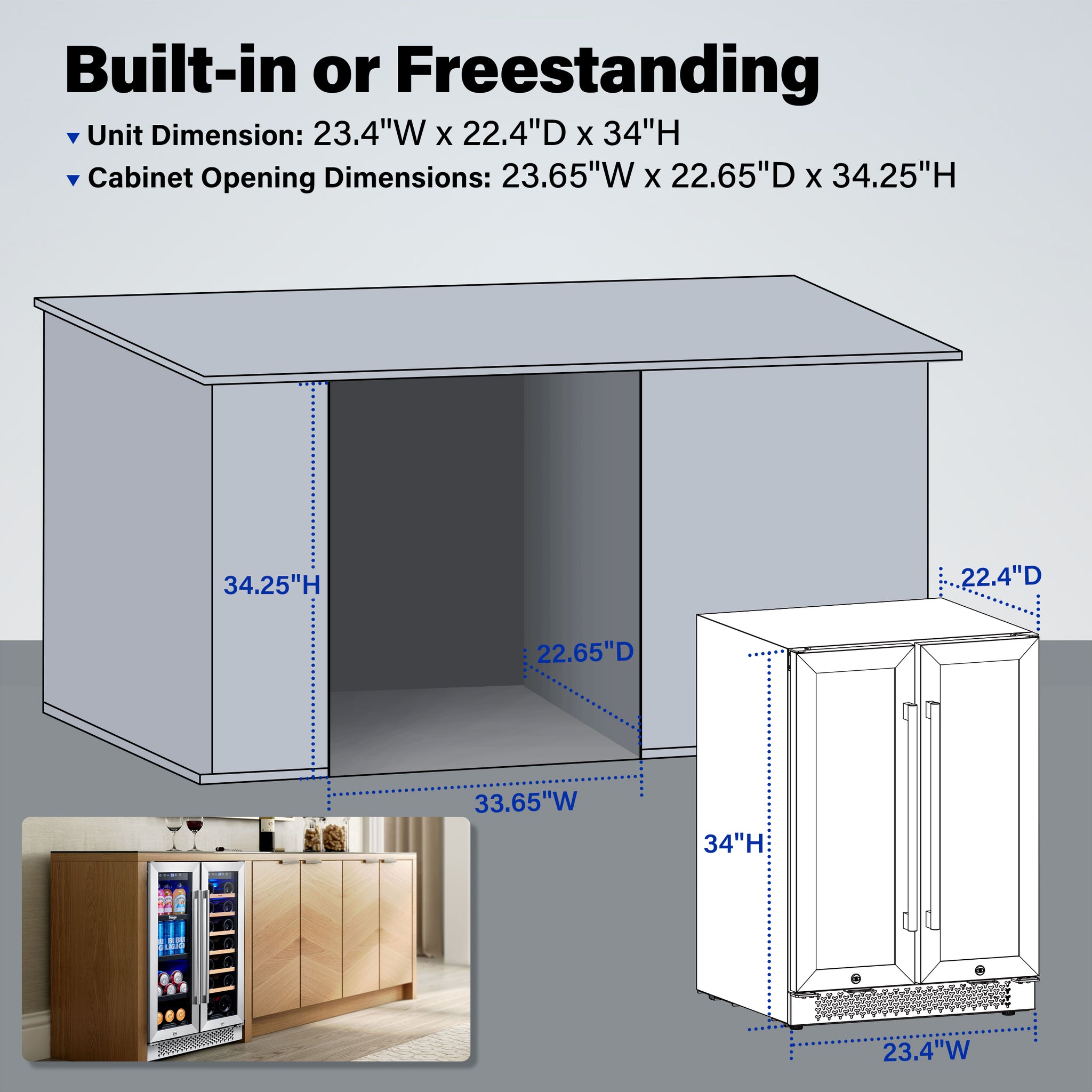 24 Inch Wide Wine and Beverage Dual Zone Fridge, Under Counter, Built-In or Freestanding