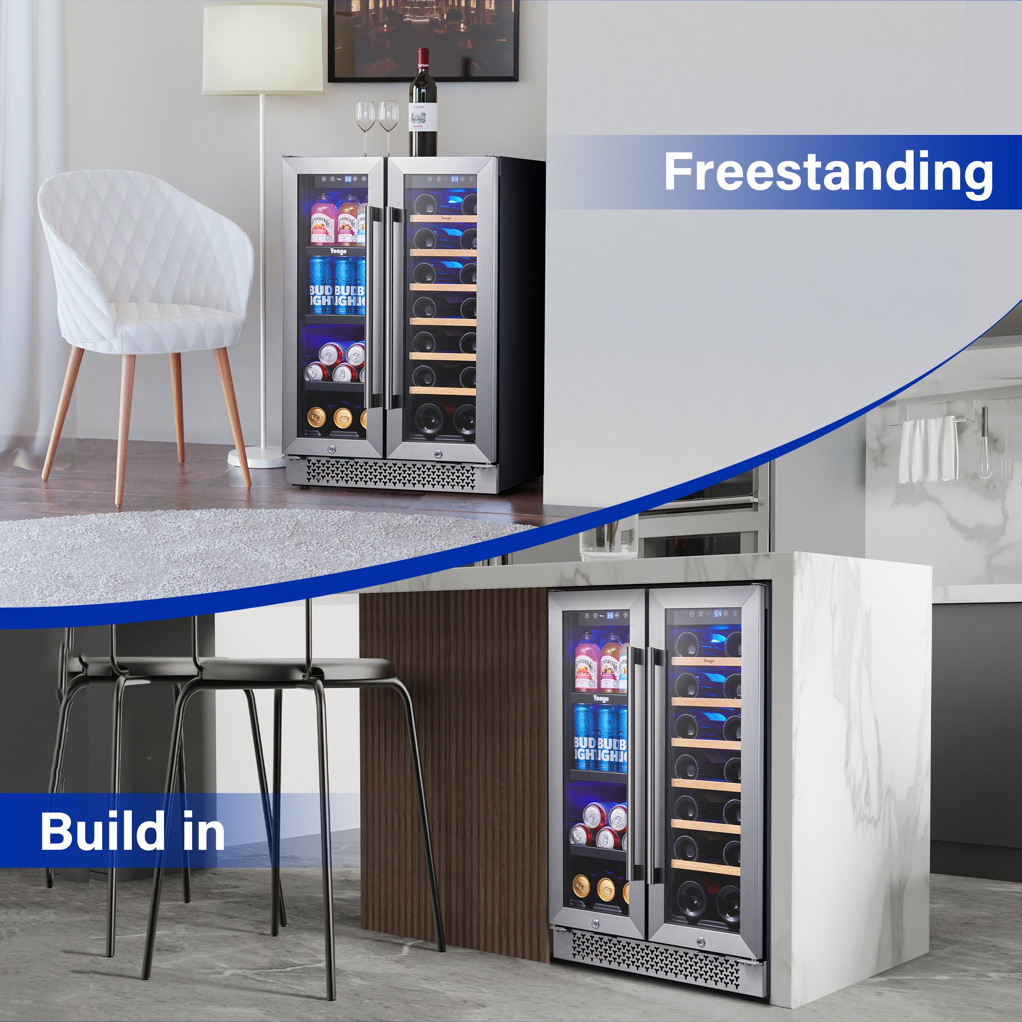 24 Inch Wide Wine and Beverage Dual Zone Fridge, Under Counter, Built-In or Freestanding