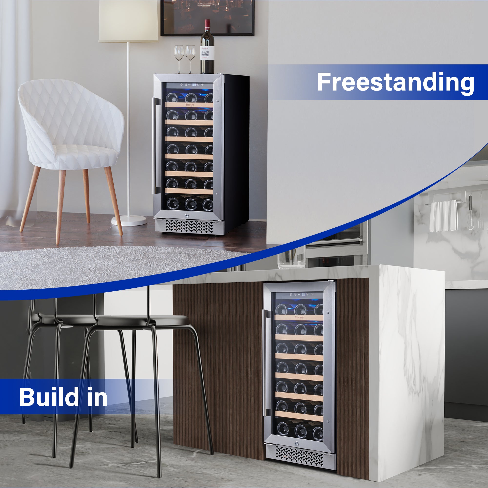 15 Inch Wide 33 Bottle Narrow Small Wine Fridge, Quiet Wine Cooler Under Counter Or Freestanding