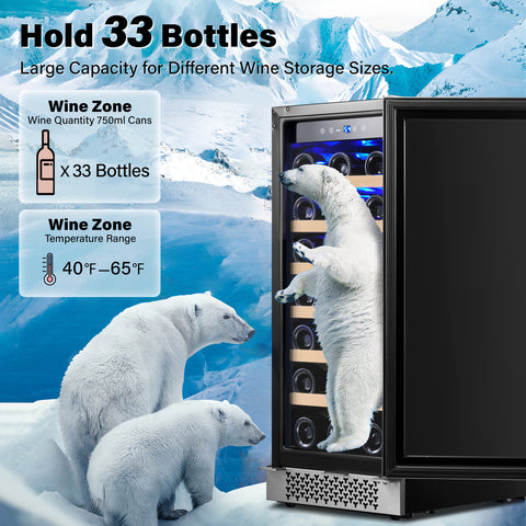 Yeego 15 Inch Wide 33 Bottle Narrow Small Wine Fridge, Under Counter, Built-In or Freestanding