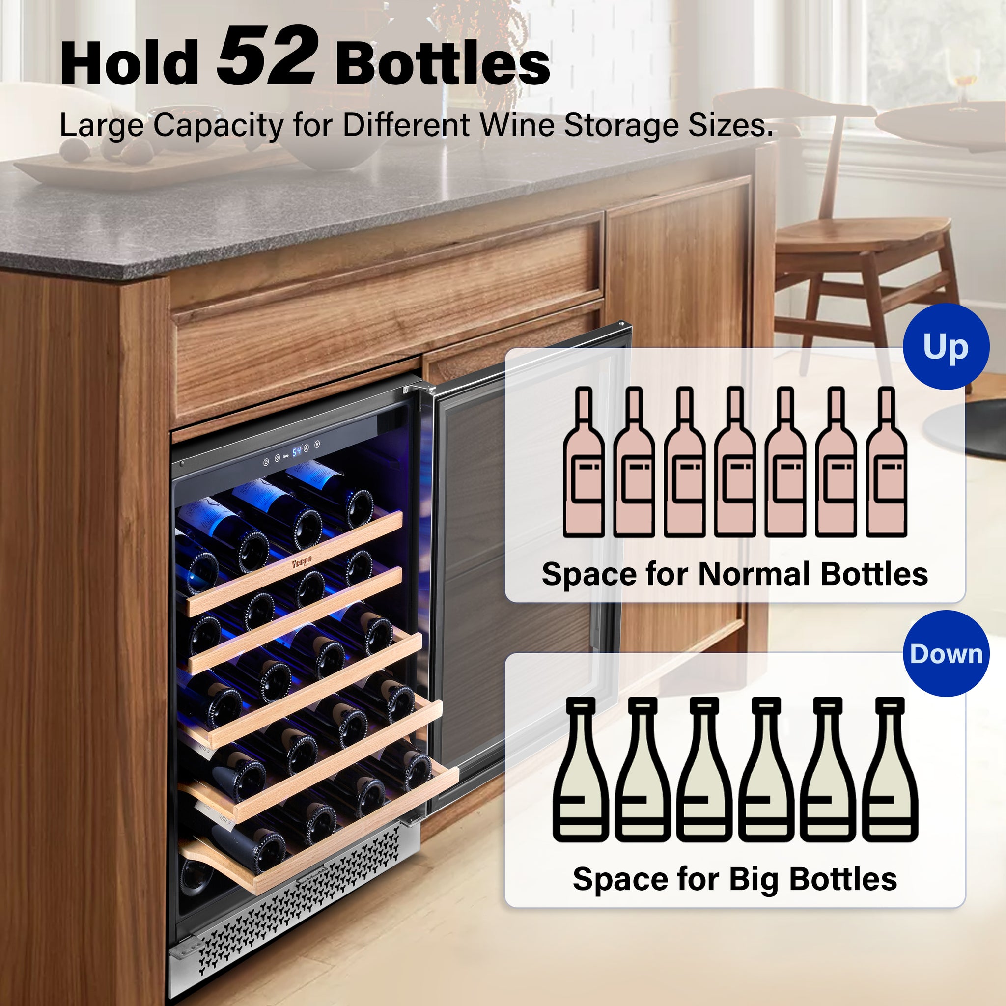 24 Inch Wide 52 Bottle Wine Fridge, Quiet Wine Cooler Under Counter or Freestanding