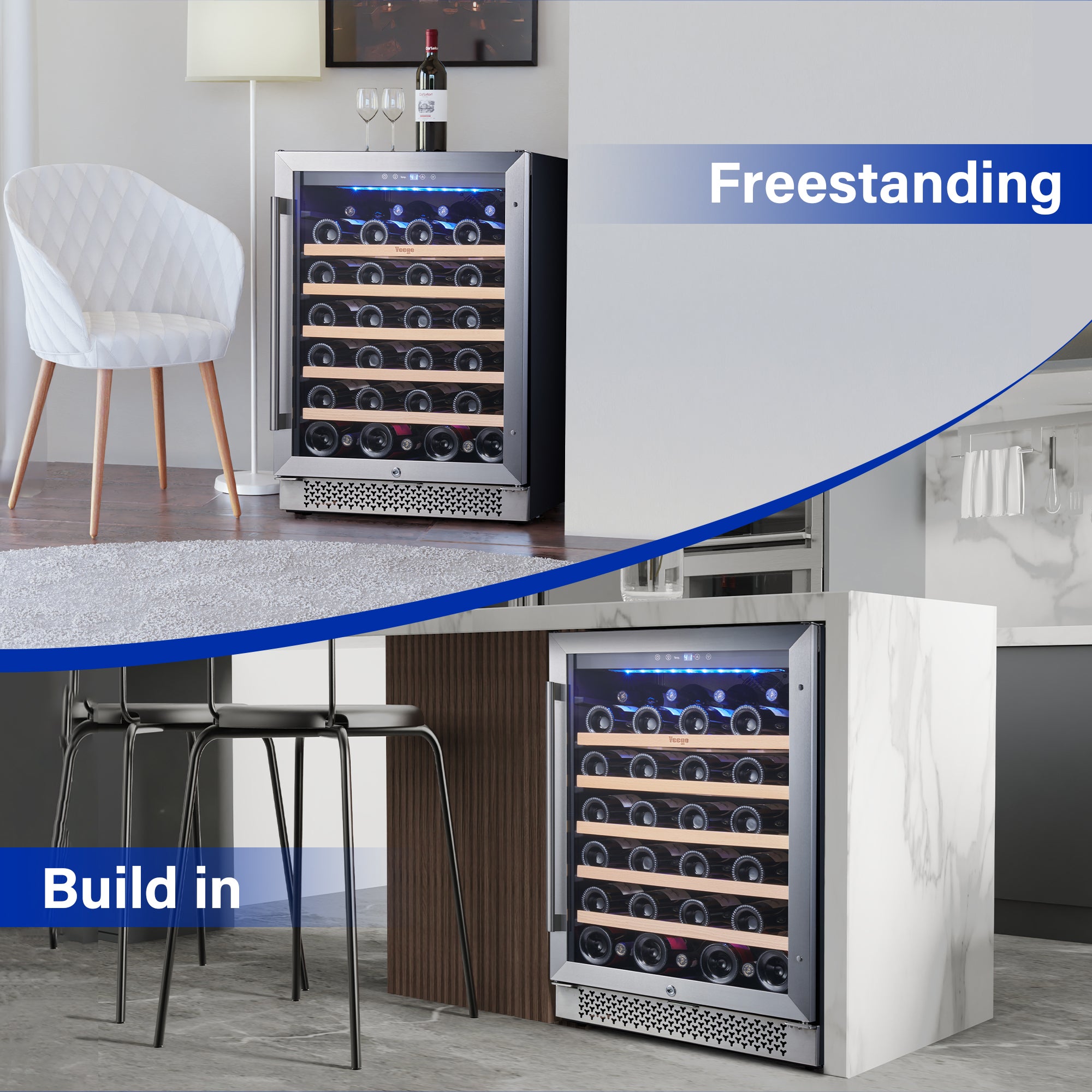 24 Inch Wide 52 Bottle Wine Fridge, Quiet Wine Cooler Under Counter or Freestanding