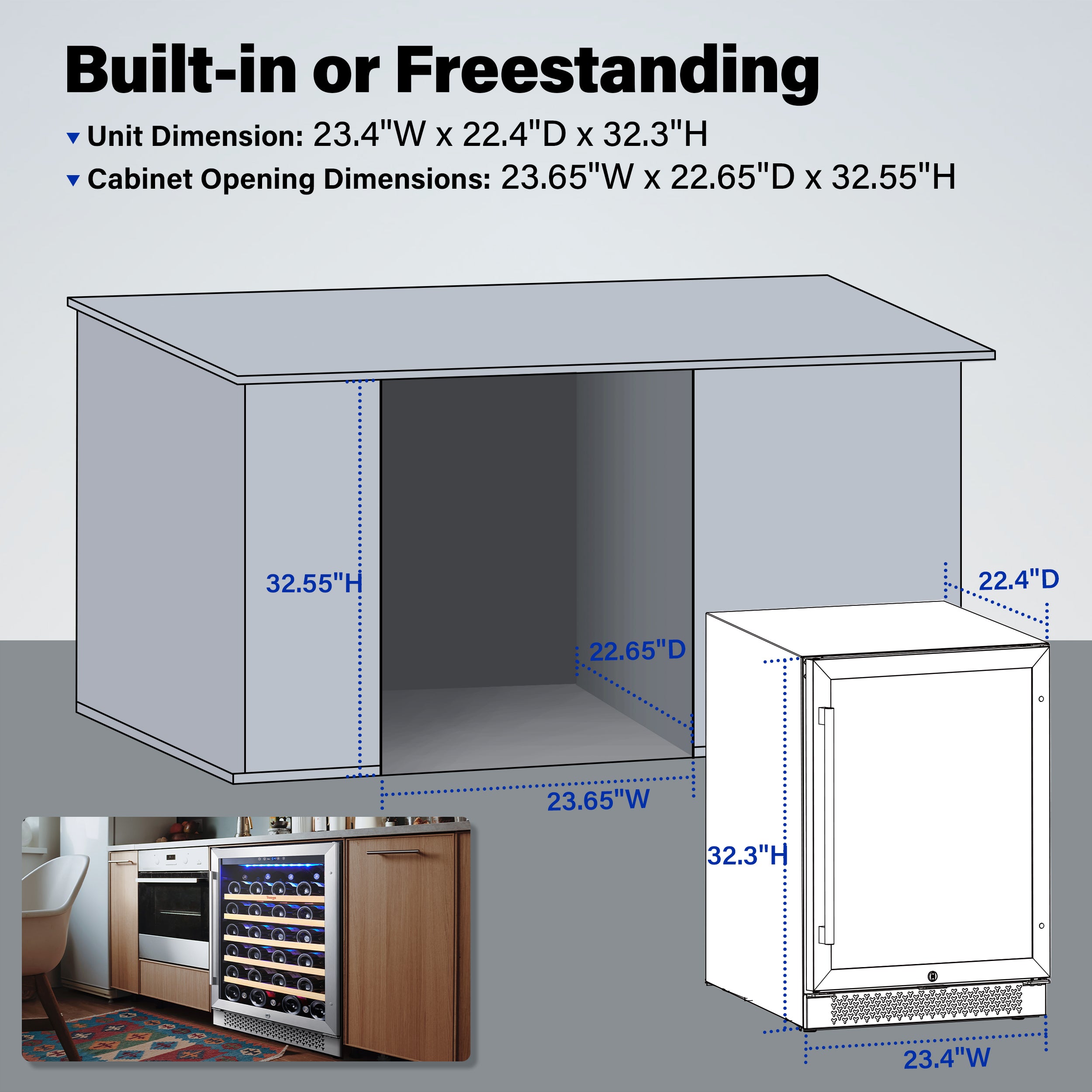 Wine fridge deals dimensions built in