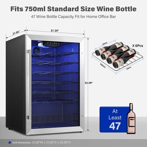 Yeego 21 Inch Wide 47 Bottle Wine Fridge, Wine Cooler Under Counter, Built-In Or Freestanding