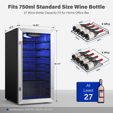 Yeego 17 Inch Wide 27 Bottle Narrow Small Wine Fridge, Shallow Depth Wine Cooler Under Counter, Built-In Or Freestanding