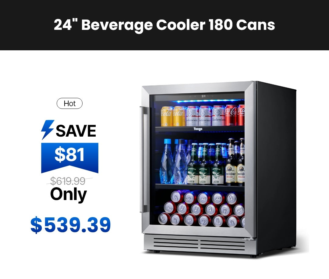 Yeego 24" beverage cooler for 180 cans, under-counter stainless steel drink fridge