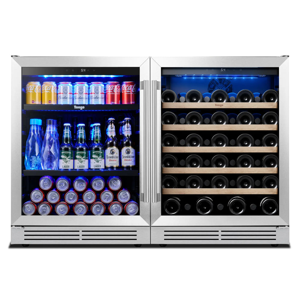 Yeego 48-inch dual-zone wine and beverage fridge combo in silver and black