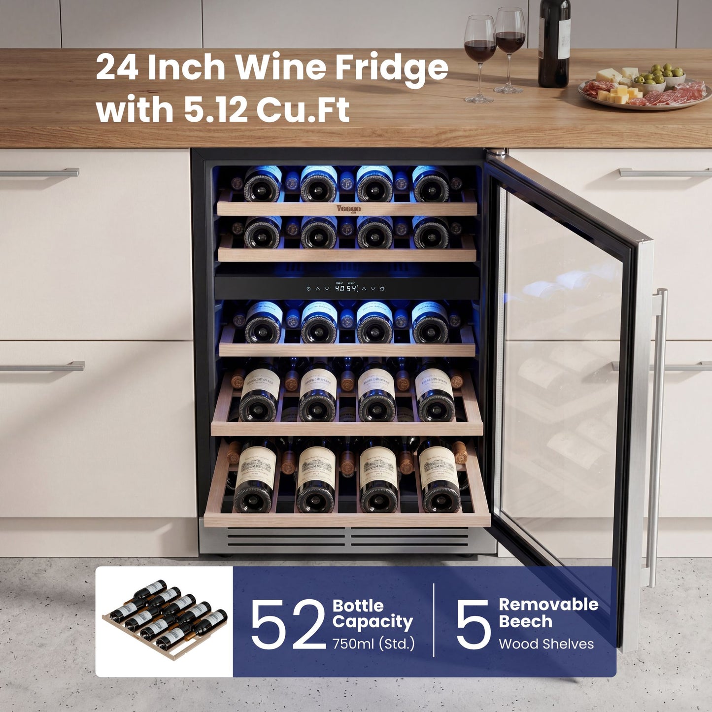 Yeego Wine Fridge Cooler - 24 Inch Dual Zone Wine Fridge Hold 52 Bottles, 40-65°F Wine Refrigerator Glass Door, Built in Fridge  for Beer Soda Drink Home Bar