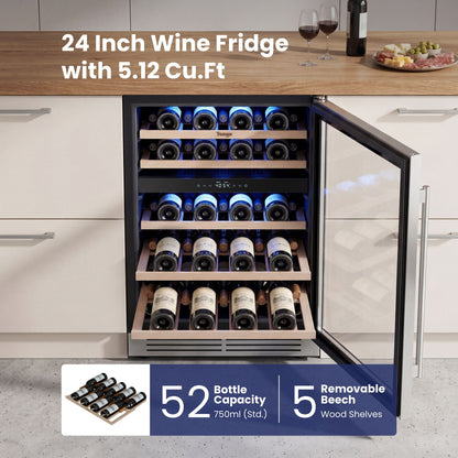 Yeego Wine Fridge Cooler - 24 Inch Dual Zone Wine Fridge Hold 52 Bottles, 40-65°F Wine Refrigerator Glass Door, Built in Fridge  for Beer Soda Drink Home Bar