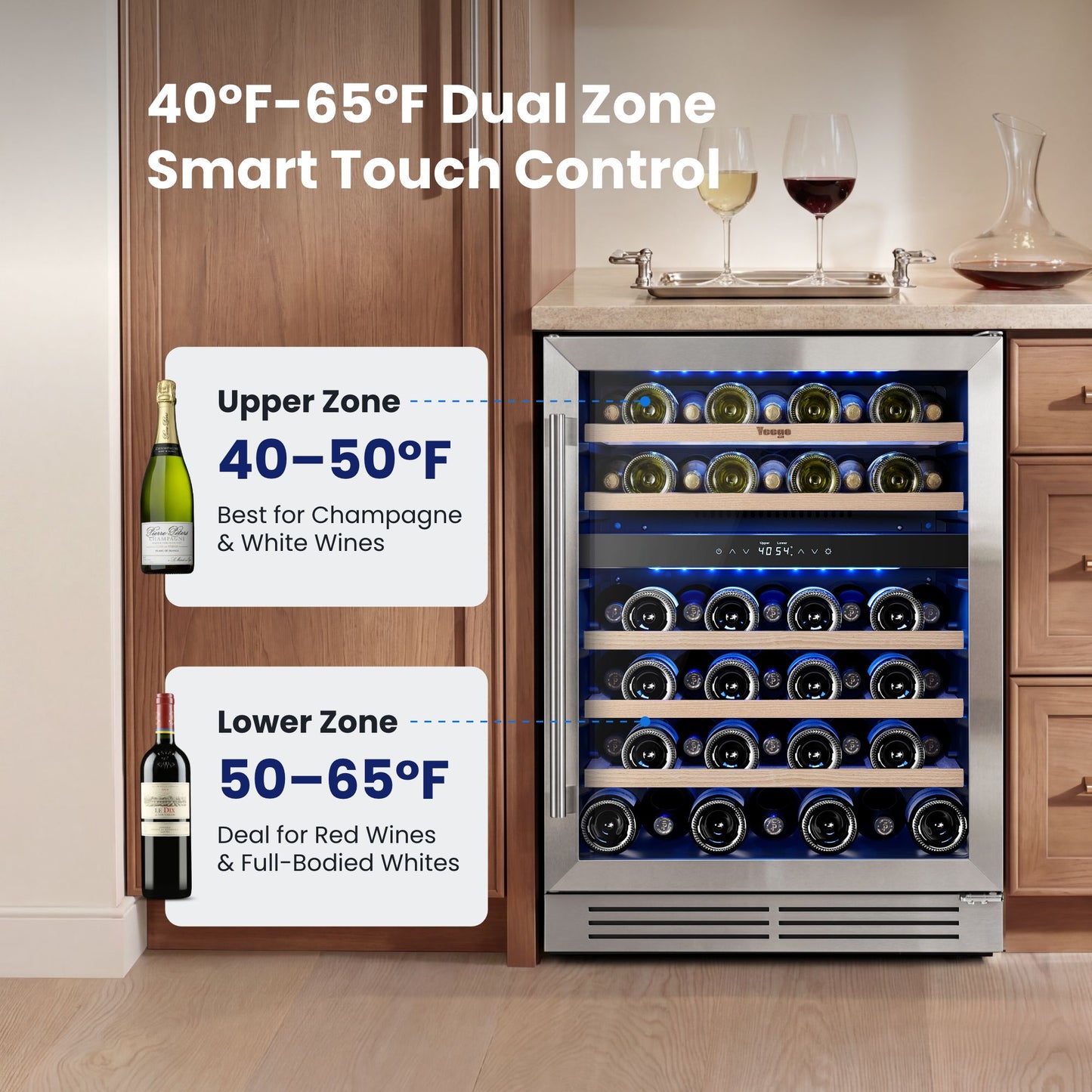 Yeego Wine Fridge Cooler - 24 Inch Dual Zone Wine Fridge Hold 52 Bottles, 40-65°F Wine Refrigerator Glass Door, Built in Fridge  for Beer Soda Drink Home Bar