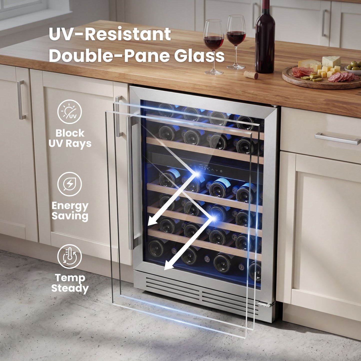 Yeego Wine Fridge Cooler - 24 Inch Dual Zone Wine Fridge Hold 52 Bottles, 40-65°F Wine Refrigerator Glass Door, Built in Fridge  for Beer Soda Drink Home Bar