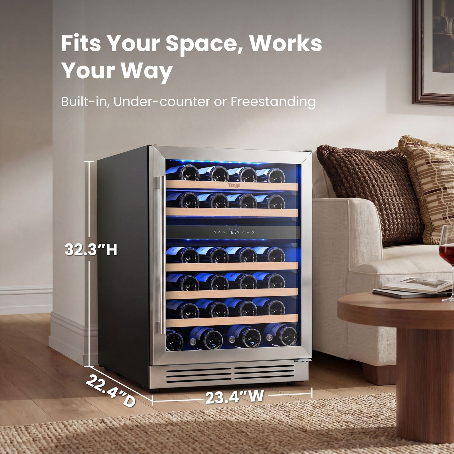 Yeego Wine Fridge Cooler - 24 Inch Dual Zone Wine Fridge Hold 52 Bottles, 40-65°F Wine Refrigerator Glass Door, Built in Fridge  for Beer Soda Drink Home Bar
