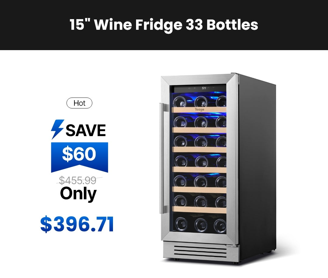 Yeego 15" wine fridge for 33 bottles with precise temperature control and wooden shelves