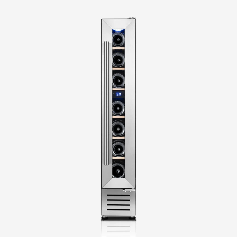 Yeego slim 6-inch mini wine fridge holding 7 bottles in silver and black