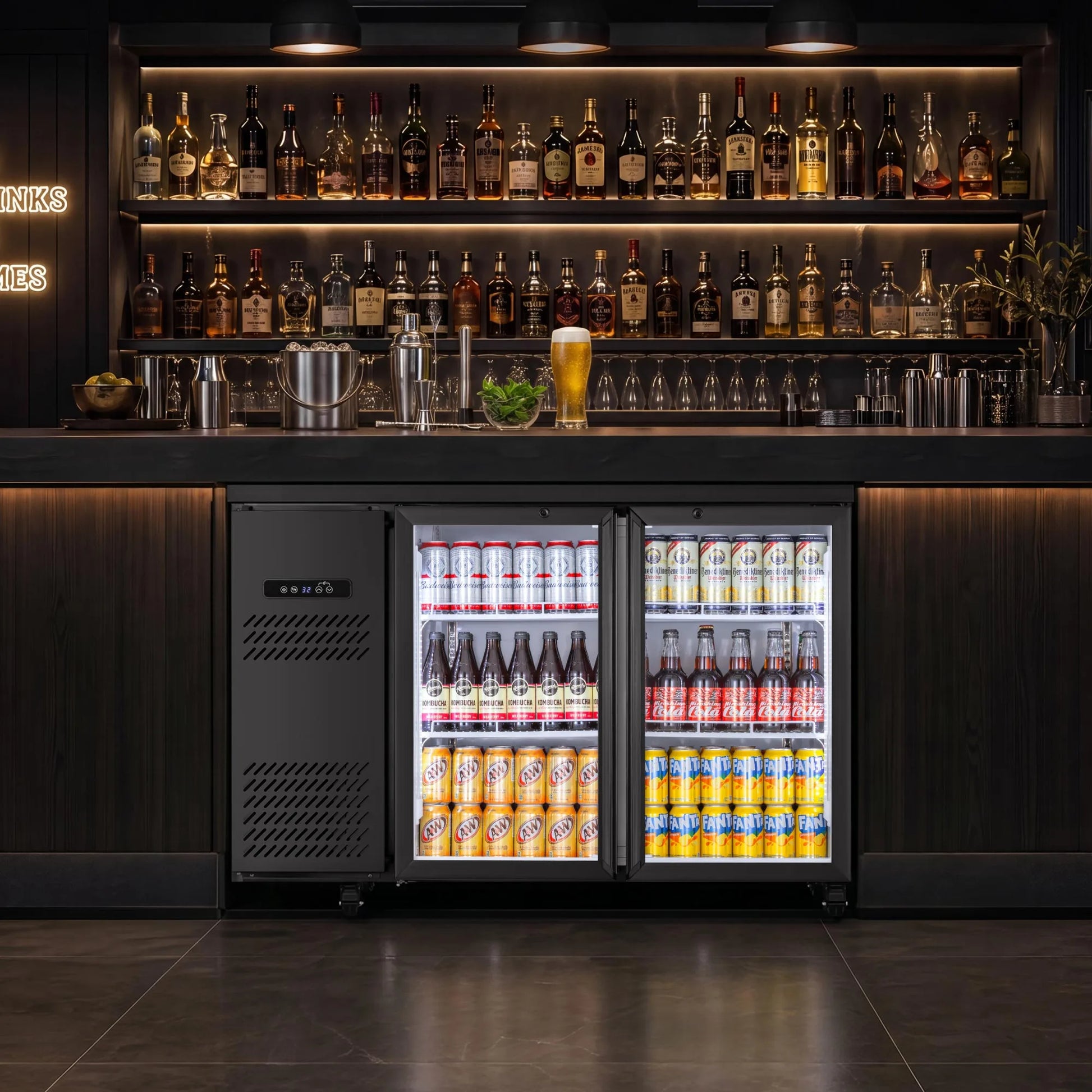 Beverage refrigerator integrated into a professional bar setup with chilled drinks ready for service