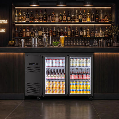 Beverage refrigerator integrated into a professional bar setup with chilled drinks ready for service