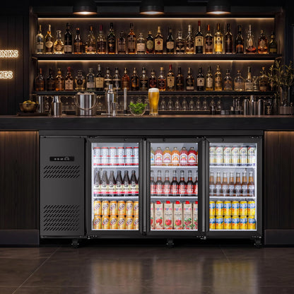 Beverage refrigerator integrated into a professional bar setup with chilled drinks ready for service