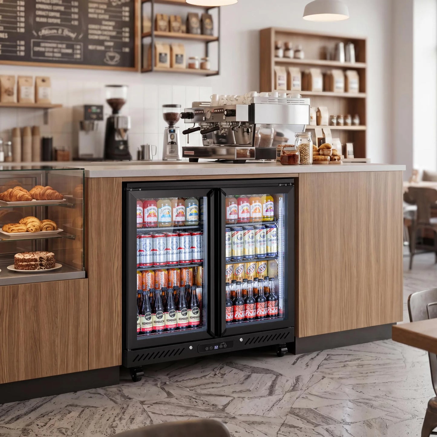 Beverage cooler integrated into a modern coffee shop counter for convenient drink storage and service